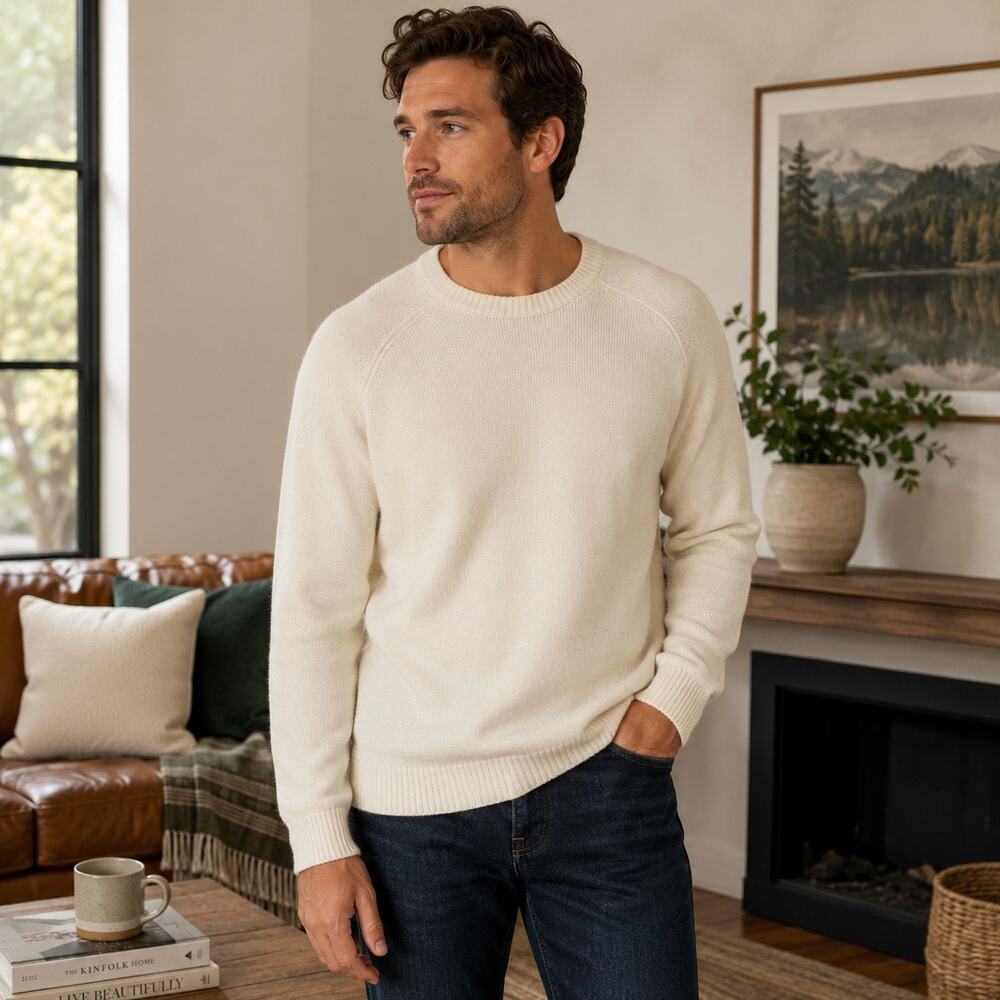 GAP Men’s XL Ivory Crewneck Knit Sweater Raglan Long Sleeve Soft Pullover